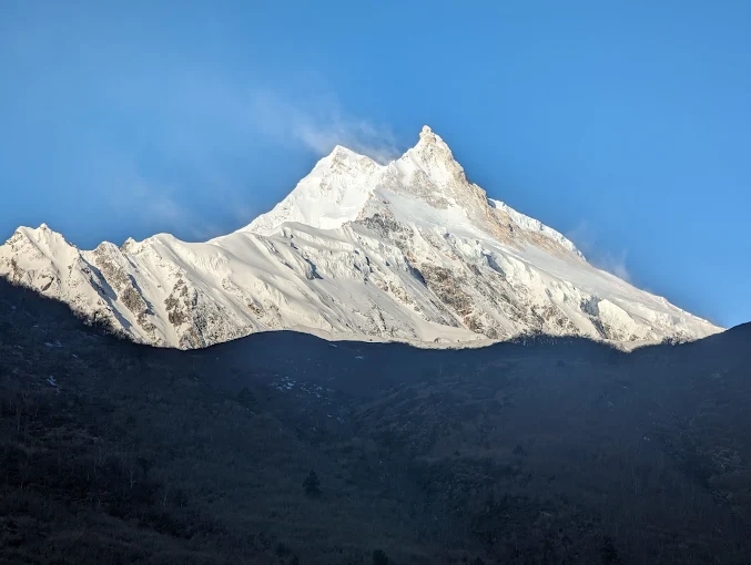 The snow summit pyramid of Manaslu at first light, a dark forested ridge below it