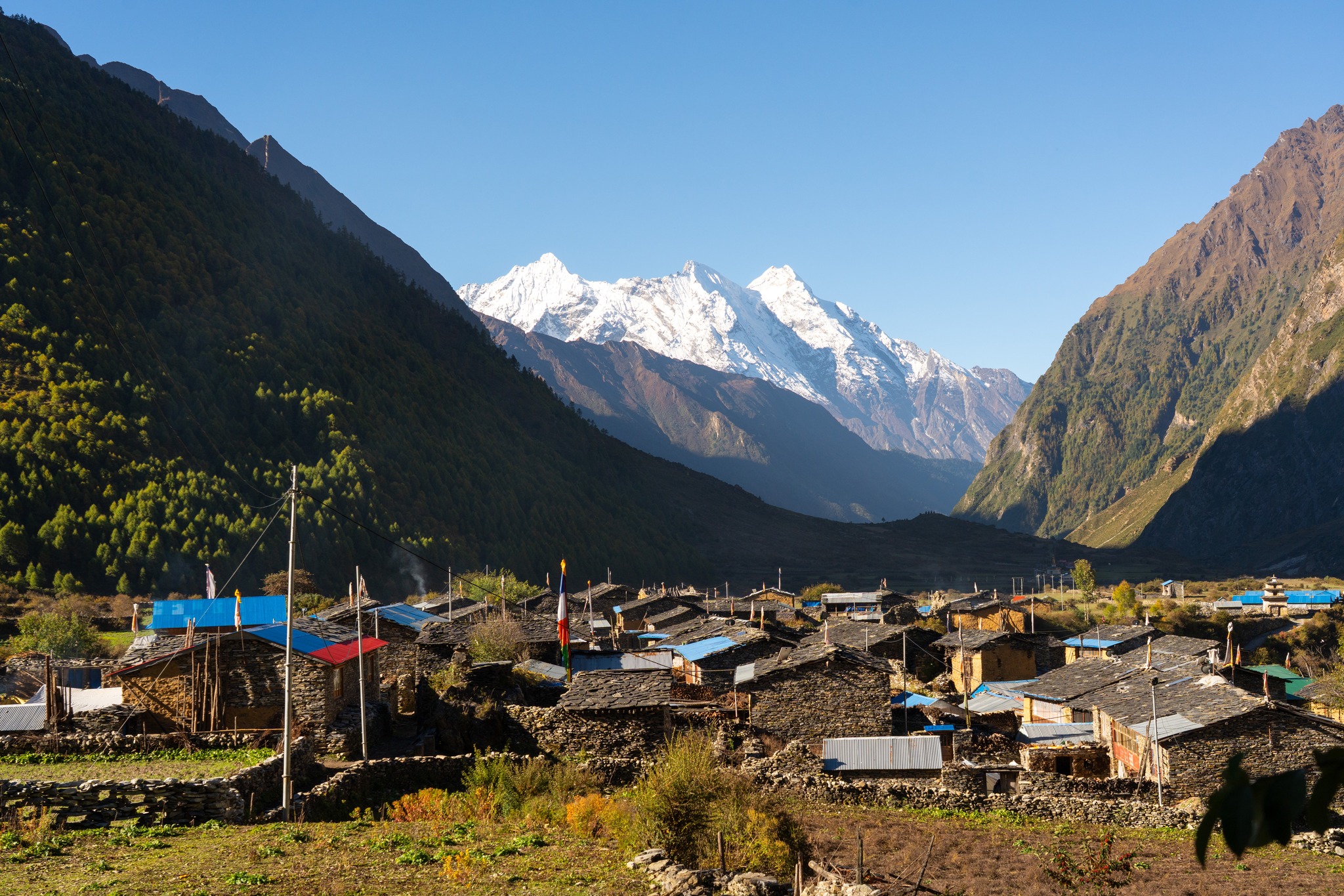 A Nubri village of flat-roofed stone houses beneath Manaslu