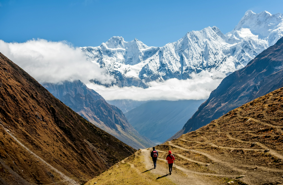A high ridge trail with the Manaslu range on the skyline